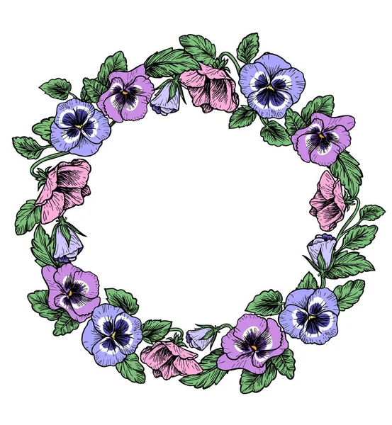 Marco de flores botánicas vintage. Violeta, corona de pansy . — Vector de stock