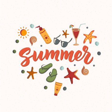 Yaz plaj öğeleri metin. Güneş kremi, güneş gözlüğü, kokteyl