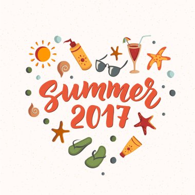 Plaj öğeleri metin yaz 2017. Güneş kremi, güneş gözlüğü, kokteyl, deniz yıldızı, flip flop