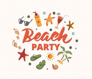 Beach Party plaj öğeleri metin. Güneş kremi, güneş gözlüğü, kokteyl