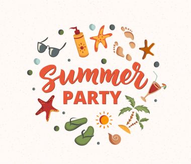 Yaz Partisi metin plaj öğeleri ile. Güneş kremi, güneş gözlüğü, kokteyller