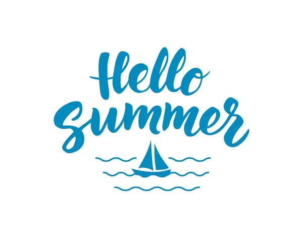 Hello Summer text with nautical design elements. Boat icon and w — Stock Vector