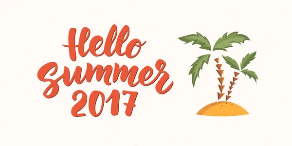Hello Summer text with beach design elements. Palms on sand icon — Stock Vector