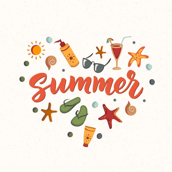Texto de verano con elementos de playa. Protector solar, gafas de sol, cóctel — Vector de stock