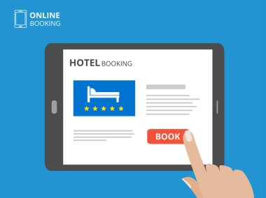 Online otel rezervasyon tasarım kavramı. Bir ekran dokunarak el ile tablet bilgisayar. Kitap düğmesi ve yatak simgelerle görüntüler.