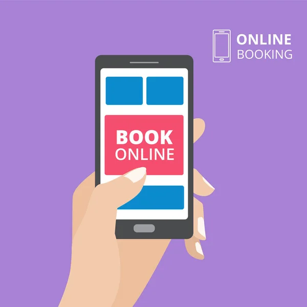 Hand holding smartphone with book button on screen. Concept of online booking mobile application. — Stock Vector