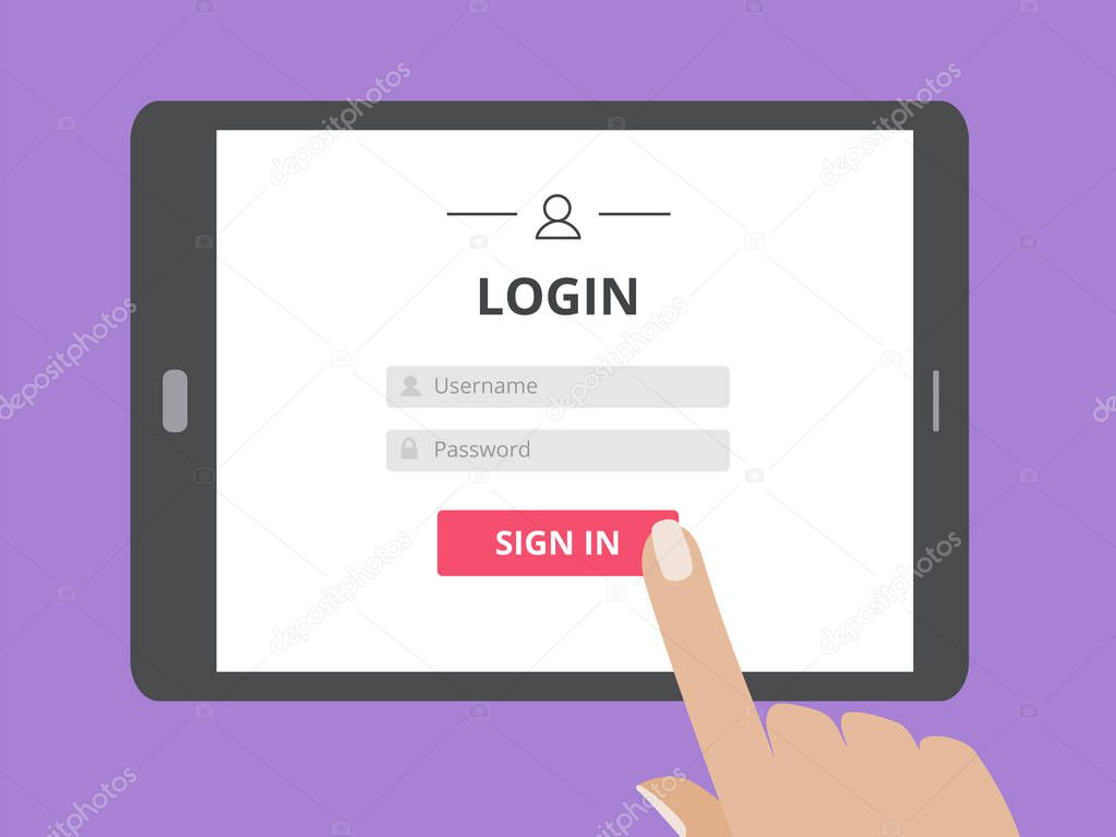 Hand touching the screen of tablet computer with user login form page and sign in button.
