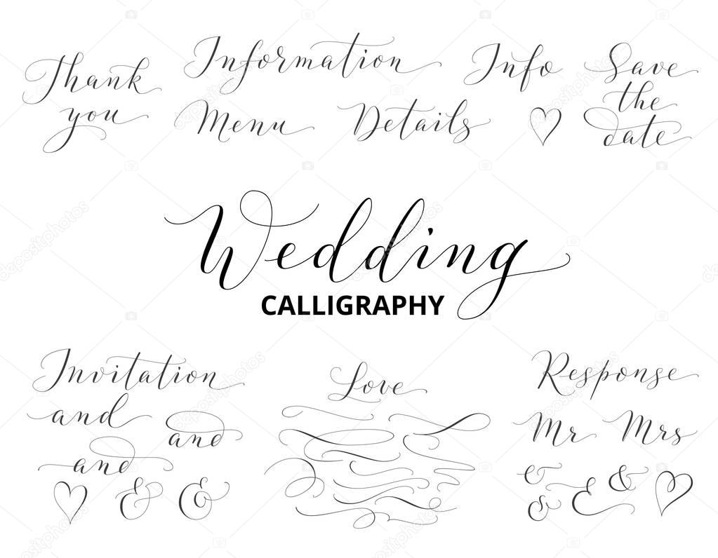 Wedding hand written calligraphy set isolated on white. Great for wedding invitations, cards, banners, photo overlays.
