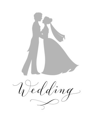 Düğün tasarım konsepti. Gelin ve damat siluetleri ve el özel hat üzerinde beyaz izole yazılı