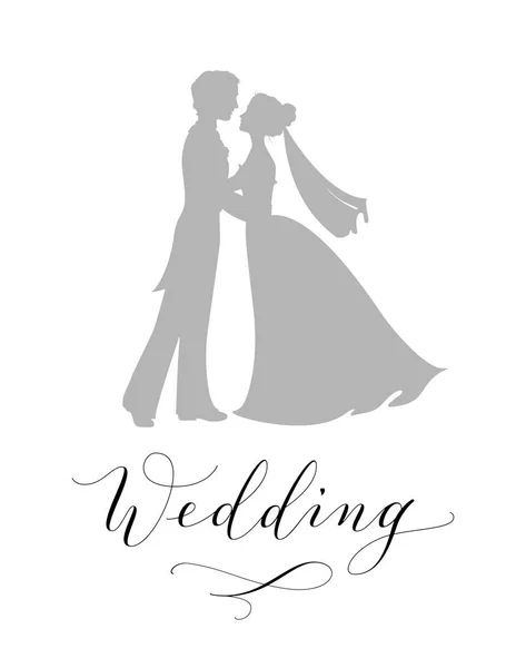 Concepto de diseño de boda. Siluetas de novia y novio y caligrafía personalizada escrita a mano aislada en blanco — Vector de stock