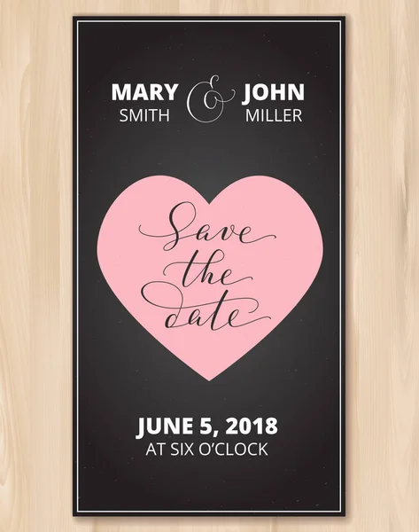 Save the date card with heart on vector wood background. Hand written custom calligraphy. — Stock Vector