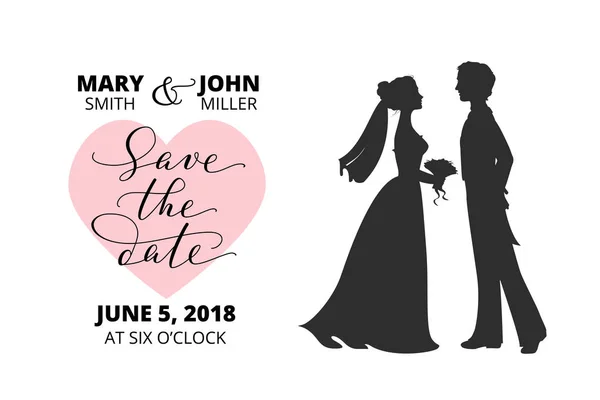 Save the date card with bride and groom silhouettes and hand written custom calligraphy — Stock Vector
