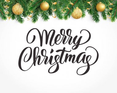 Köknar ağacı garland, süs eşyaları ve Merry Christmas metin tebrik kartı.