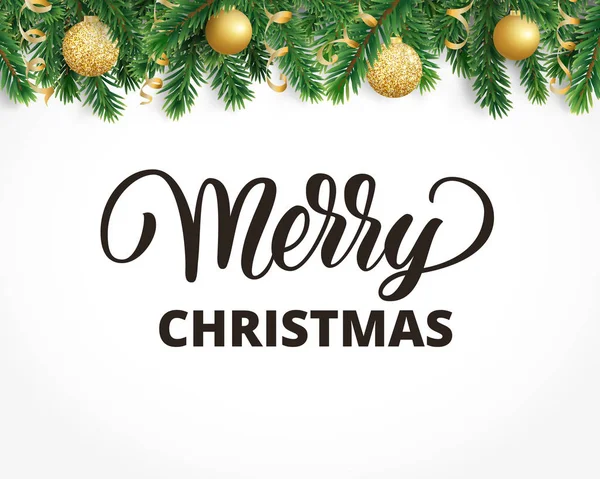 Köknar ağacı garland, süs eşyaları ve Merry Christmas metin tebrik kartı.