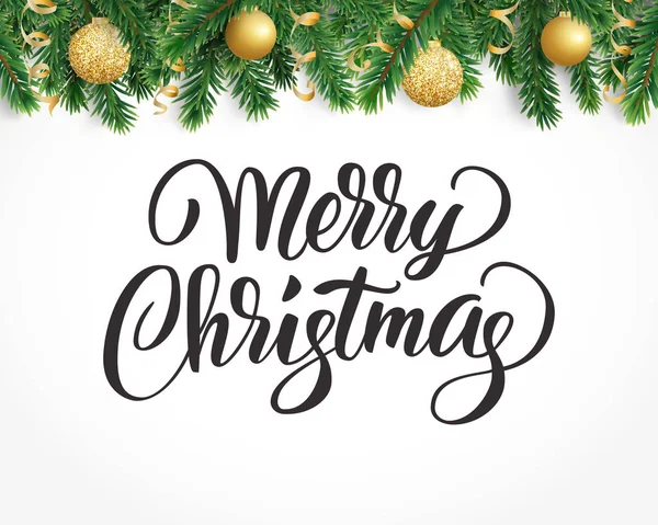 Köknar ağacı garland, süs eşyaları ve Merry Christmas metin tebrik kartı.