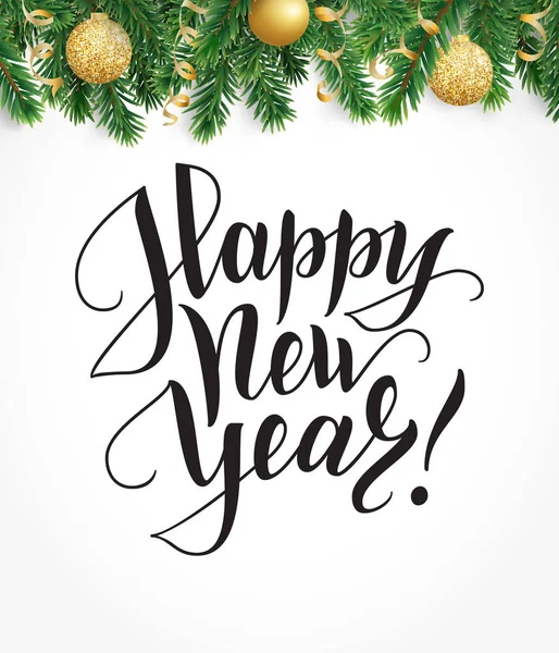 Cartão de ano novo feliz com grinalda de abeto, ornamentos e texto desenhado à mão . —  Vetores de Stock