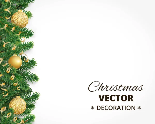 Weihnachten Hintergrund mit Tannenbaumgirlanden, Kugeln und Bändern hängen — Stockvektor
