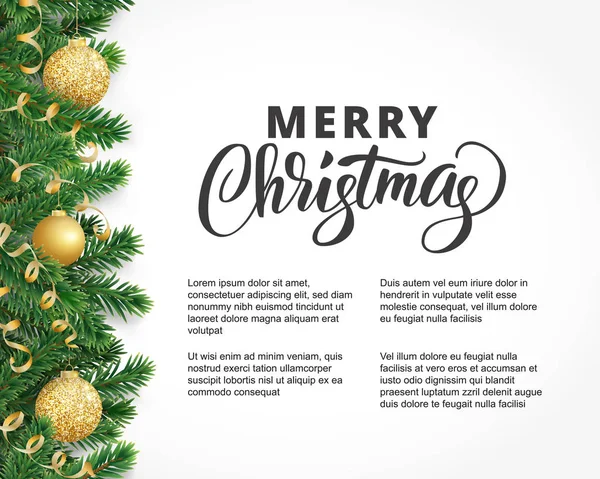 Tarjeta de felicitación con guirnalda de abeto, adornos y texto de Feliz Navidad — Archivo Imágenes Vectoriales