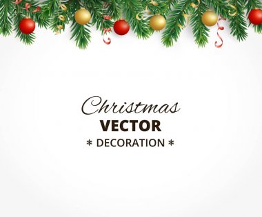 Köknar ağacı garland, topları ve şerit asılı ile Noel arka plan