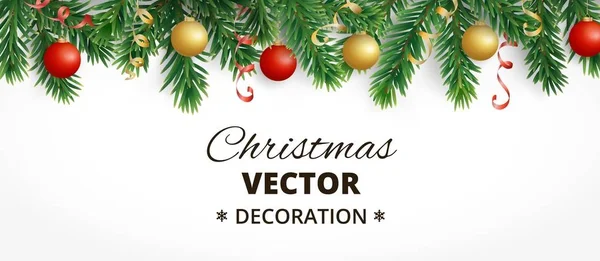 Bannière de Noël horizontale avec guirlande de sapin, boules et rubans suspendus . — Image vectorielle