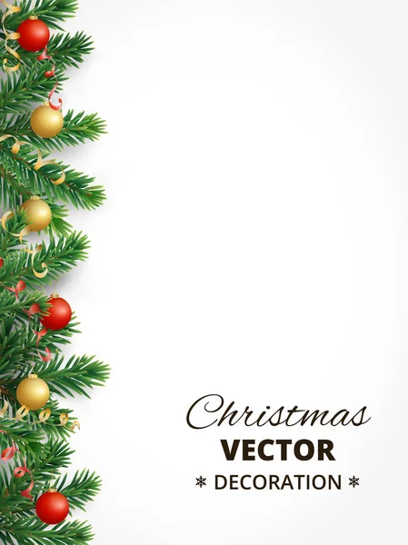 Jul bakgrund med fir tree garland, hängande bollar och rib — Stock vektor