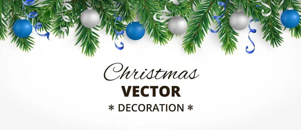 Köknar ağacı garland, asılı topları ve kurdeleler ile yatay yılbaşı banner.