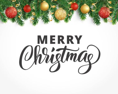 Köknar ağacı garland, süs eşyaları ve neşeli Noel tebrik kartı