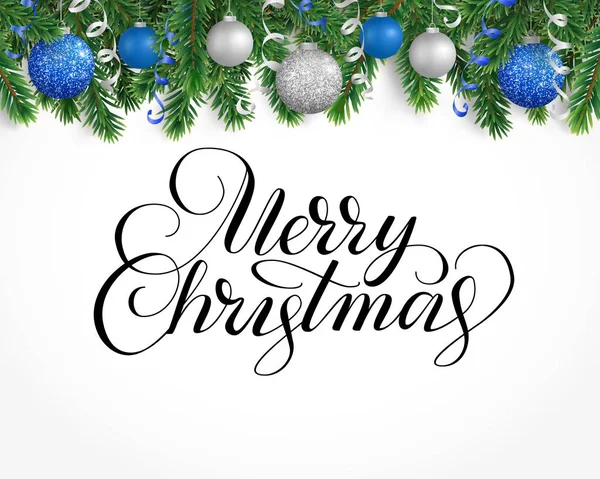 Köknar ağacı garland, süs eşyaları ve Merry Christmas metin tebrik kartı