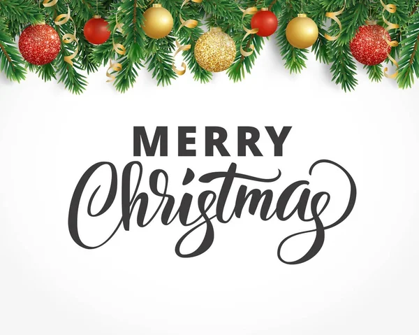 Köknar ağacı garland, süs eşyaları ve neşeli Noel tebrik kartı