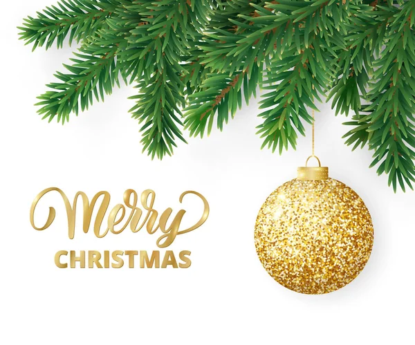 전나무 나무 가지, 거 반짝이 공 및 메리 크리스마스 텍스트 인사말 카드 — 스톡 벡터