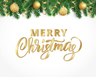 Köknar ağacı garland, süs eşyaları ve Merry Christmas metin tebrik kartı.