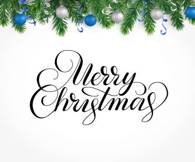 Tebrik kartı köknar ağacı garland, süs eşyaları ve neşeli Christm