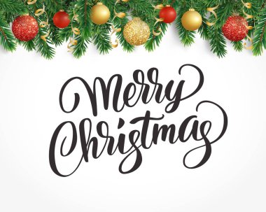 Tebrik kartı köknar ağacı garland, süs eşyaları ve neşeli Christma