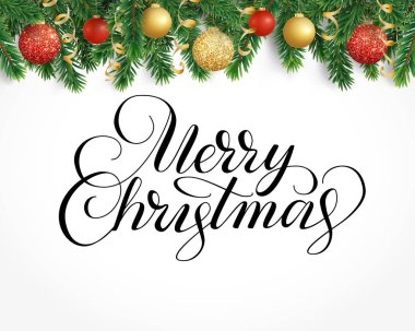 Tebrik kartı köknar ağacı garland, süs eşyaları ve neşeli Christma