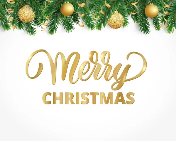 Köknar ağacı garland, süs eşyaları ve Merry Christmas metin tebrik kartı.