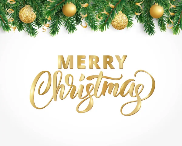 Köknar ağacı garland, süs eşyaları ve Merry Christmas metin tebrik kartı.