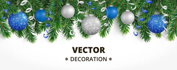 モミの木ガーランド、ハンギング ボールとリボンと水平のクリスマス バナー — ストックベクタ