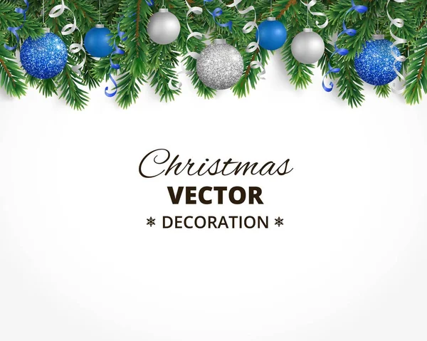 Jul bakgrund med fir tree garland, hängande bollar och rib — Stock vektor