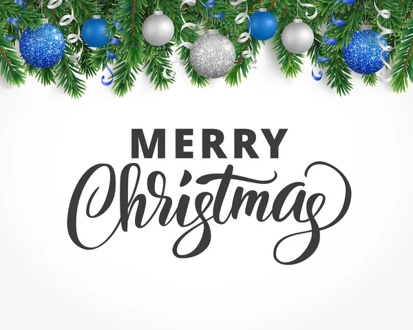 Cartão de saudação com grinalda de abeto, ornamentos e texto de Feliz Natal — Vetor de Stock