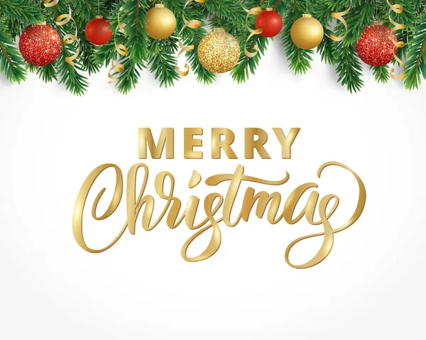 Grußkarte mit Tannenbaumgirlanden, Ornamenten und frohe Weihnachten — Stockvektor