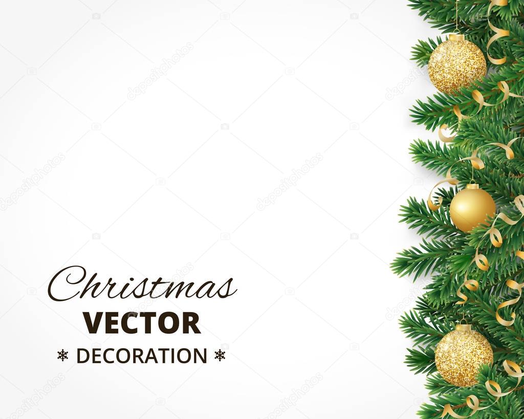 Christmas background with fir tree garland, hanging balls and rib