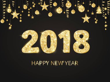 glitter tipografi tasarımı ile 2018 kartı. Altın parlak sayılar. Altın glitter sınır, topları ve kurdeleler asma çelenk