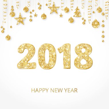 glitter tipografi tasarımı ile 2018 kartı. Altın parlak sayılar. Altın glitter sınır, topları ve kurdeleler asma çelenk