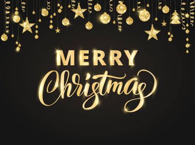 Neşeli Noel el yazı yazılmış. Altın glitter sınır, topları ve kurdeleler asma çelenk.