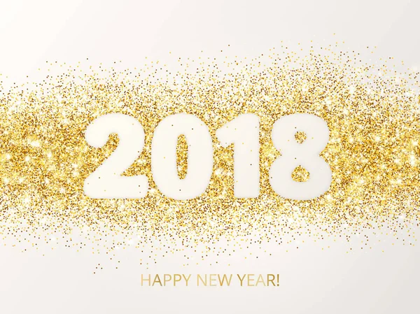 Diseño de tipografía de brillo 2018. Feliz Año Nuevo tarjeta de felicitación. Oro brillante vector polvo rectángulo con números . — Vector de stock