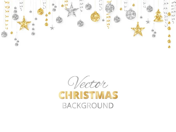 Sparkling Christmas glitter ornaments. Golden fiesta border, festive garland with hanging balls and ribbons isolated on white. — Stock Vector