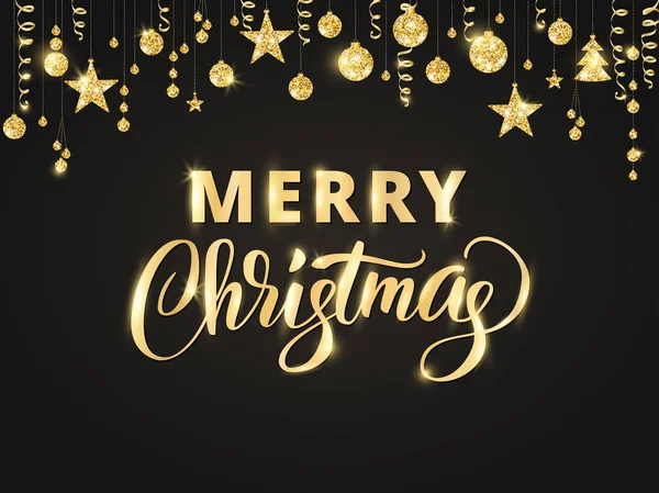Neşeli Noel el yazı yazılmış. Altın glitter sınır, topları ve kurdeleler asma çelenk.