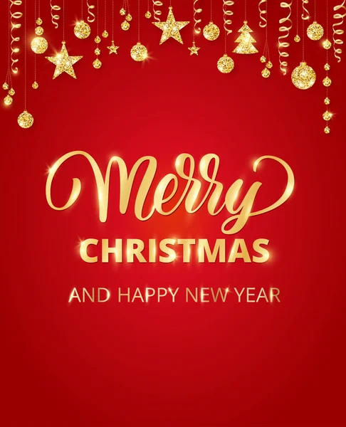 Neşeli Noel el yazı yazılmış. Altın glitter sınır, topları ve kurdeleler asma çelenk.