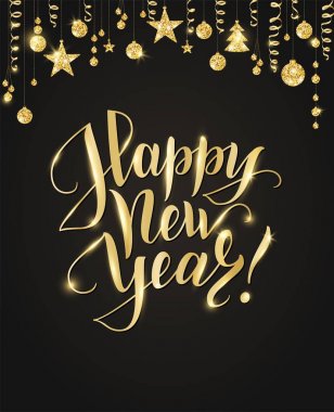 Neşeli Noel el yazı yazılmış. Altın glitter sınır, topları ve kurdeleler asma çelenk.