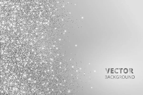 Glitter confetti, sneeuw vallen vanaf de zijkant. Vector zilveren stof, explosie op een grijze achtergrond. Sprankelende grens, frame — Stockvector